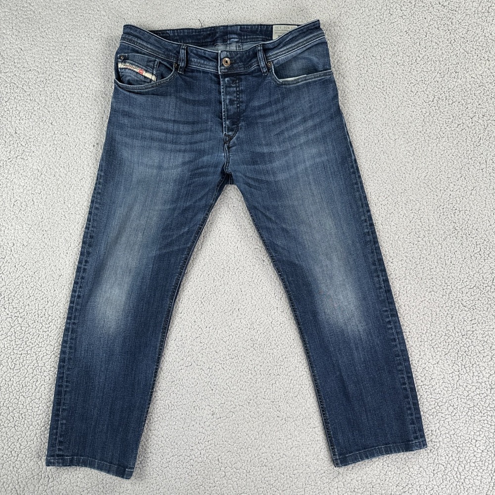 Diesel Waykee Regular Straight Button Fly Jeans Men 34 Blue Stretch Whisker Fade